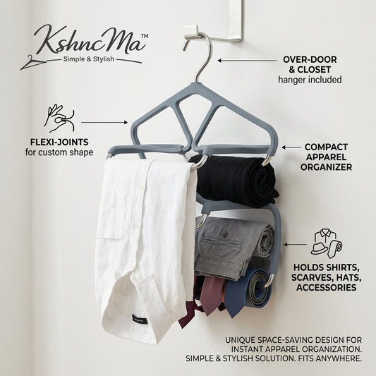 KshncMa™ Multi-Functional Space-Saving Closet Organizer Hanger – Flexi-Joint Design for Shirts, Ties, Scarves & Accessories – Includes Over-the-Door & Closet Hook – Compact Wardrobe Storage Solution