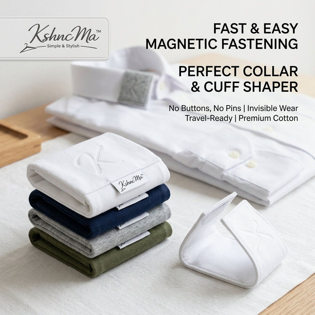 KshncMa™ Magnetic Collar and Cuff Shaper | Premium Cotton Invisible Collar Support & Cuff Stiffener | No-Pin No-Button Travel-Ready Shirt Accessory for Men & Women