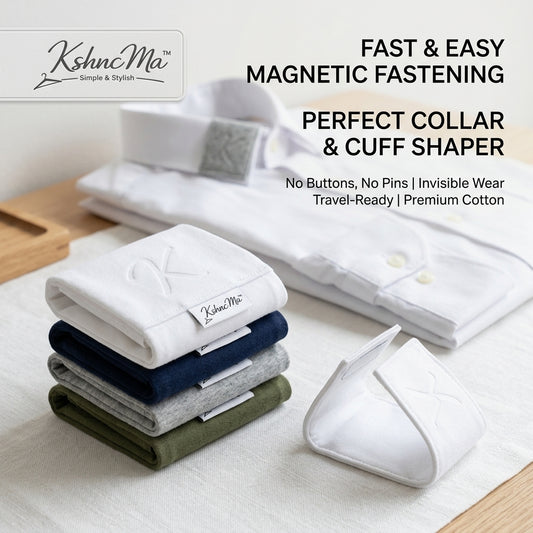 KshncMa™ Magnetic Collar and Cuff Shaper | Premium Cotton Invisible Collar Support & Cuff Stiffener | No-Pin No-Button Travel-Ready Shirt Accessory for Men & Women